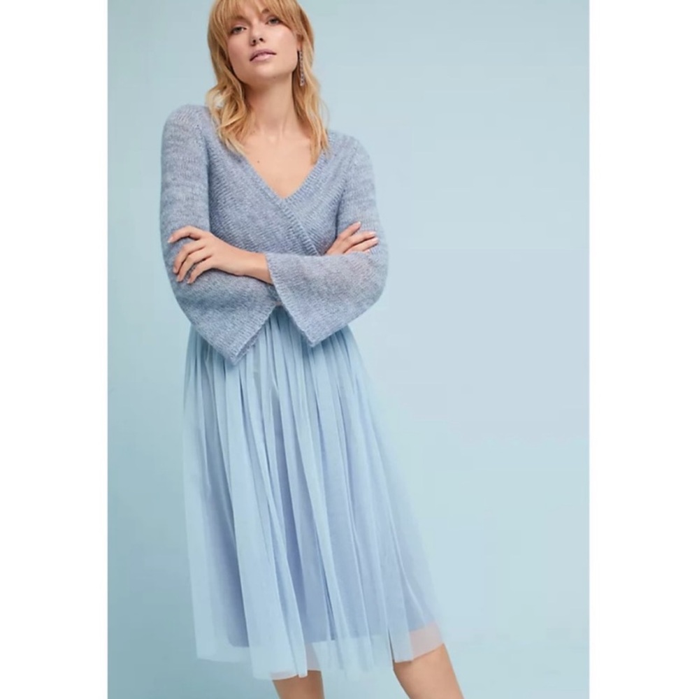 Anthropologie Maeve Arabesque Layered Tulle Sweater Dress Powder Blue